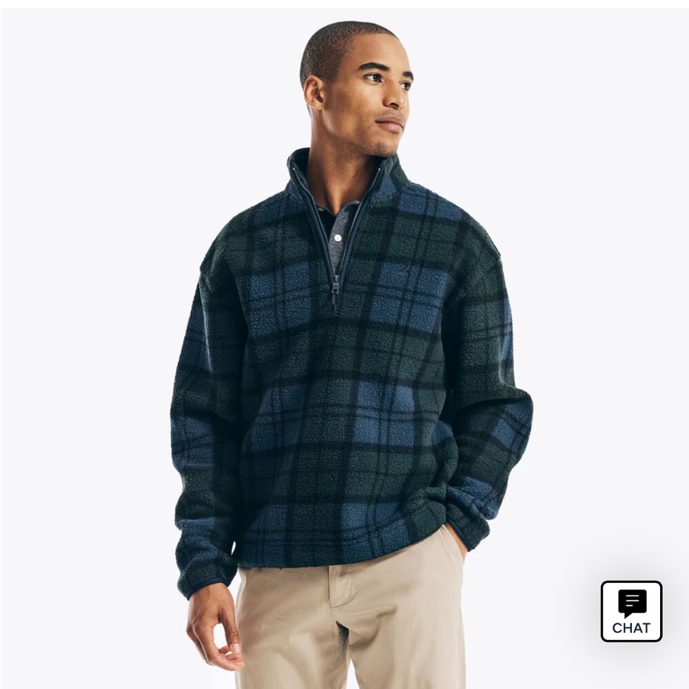 Nautica Green and Blue Plaid Sherpa Fleece Quarter Zip